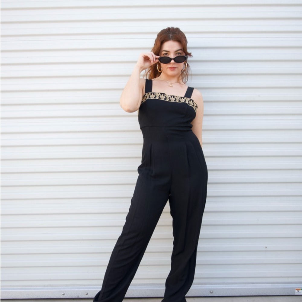 Vintage Elegant Black and Gold Embroidered Jumpsuit
